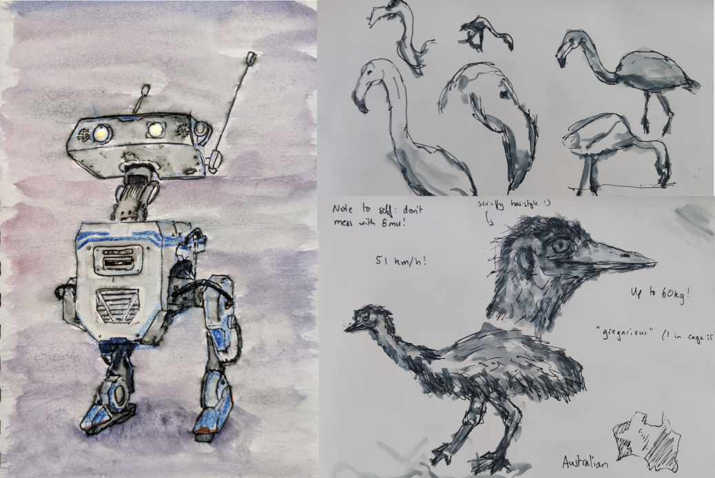 Pen and watercolor sketches: a robot with washes of violet and blue, and pen studies of flamingos and an emu
